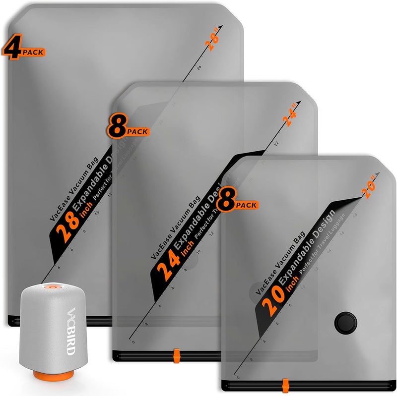 Vacbird Rechargeable Wireless Pump Travel Storage Bags Set - 20 Pack Portable Space Saver Bags for Travel & Home - Vacuum Compression Packing Seal for Clothes, Blankets, Seasonal Storage - Image 1